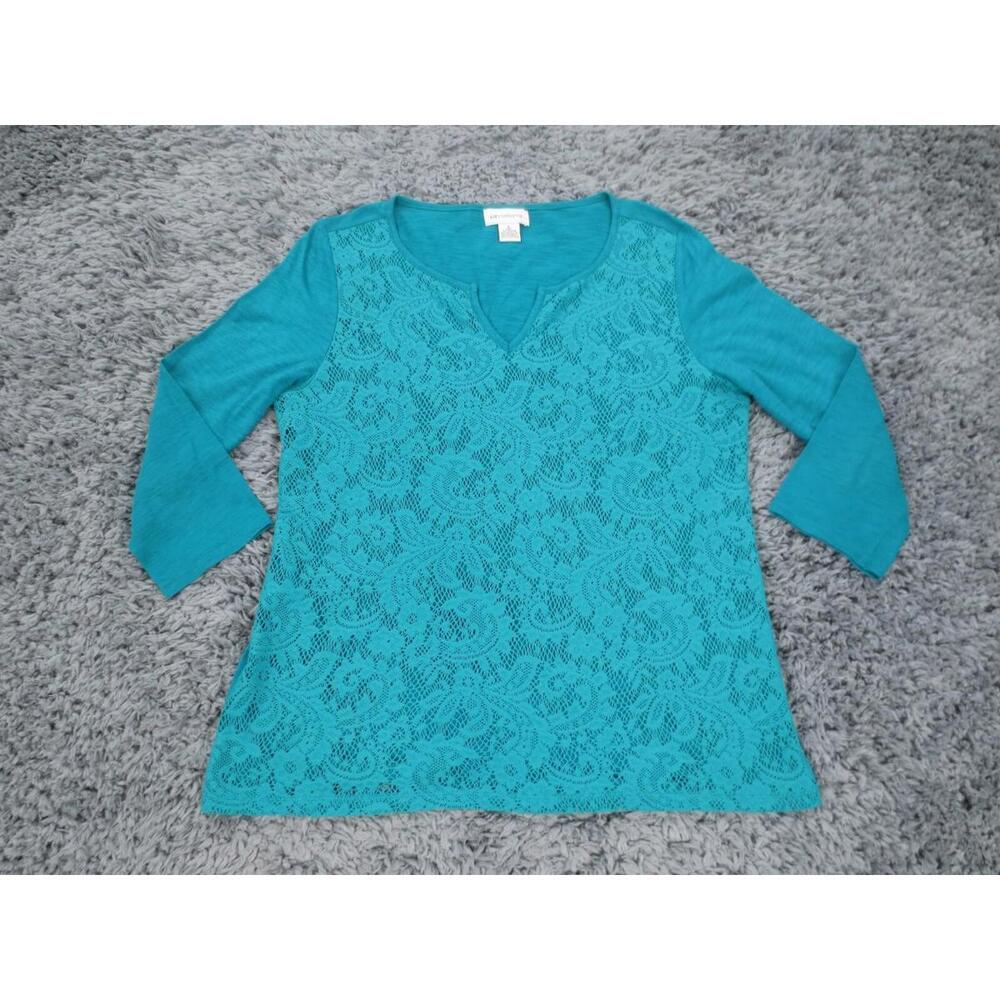 Liz Claiborne Top Womens Large Aqua Blue Floral Lace Front 3/4 Sleeve V-Neck